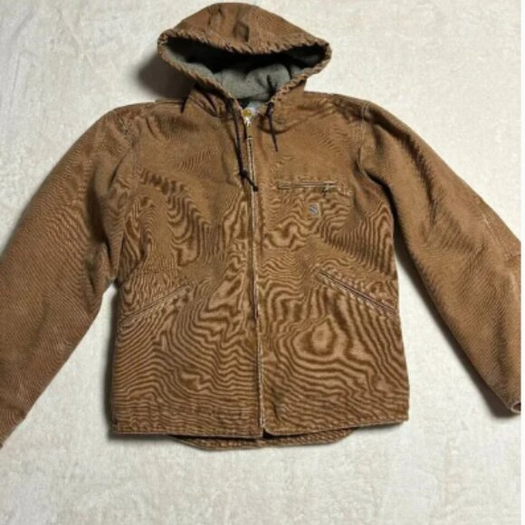 Carhartt Hooded Canvas Jacket Small Sherpa Lined Brown J141 Workwear Distressed - Picture 1 of 16